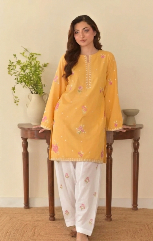 SNA - 2PC LAWN EMBROIDERED UNSTICH (YELLOW)